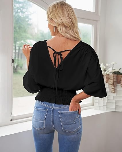 Photo 1 of GRAPENT Business Casual Tops for Women Summer Dressy Casual Smocked Short Sleeve Blouses V Neck Shirts Ruffled Hem L