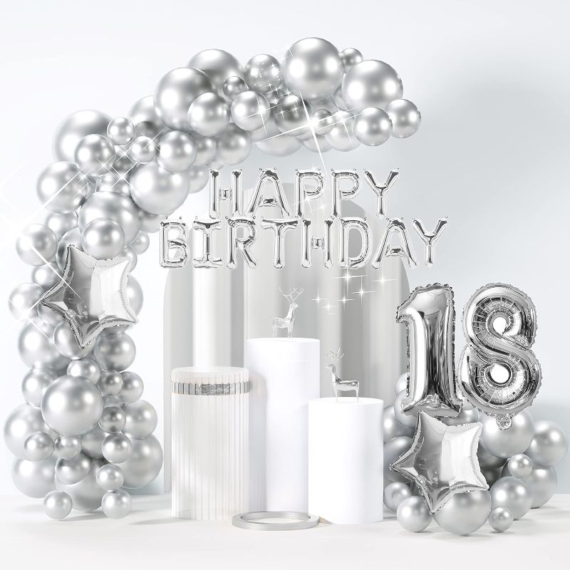 Photo 1 of 150 Pcs Silver Balloon Arch Kit, 5/10/12/18 Inch Metallic Silver Balloons, with 0-9 Number, Happy Birthday and Star Balloons for Birthday Wedding Baby Shower Party Decorations…
