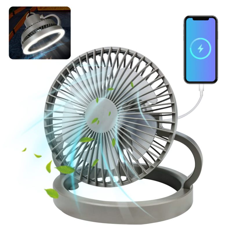 Photo 1 of Camping Fan with LED Lantern, 8000 mAh Battery Operated Tent Fan, Rechargeable Table Fan for Camping, Fishing, Jobsite, Office, Emergency (Grey)