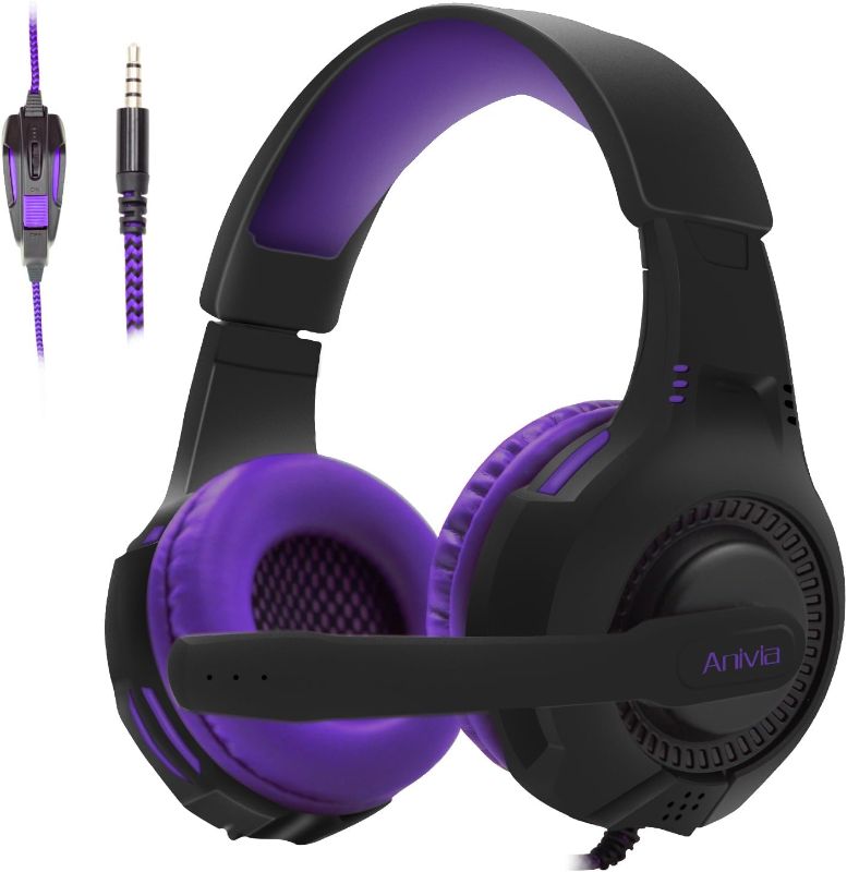 Photo 1 of Computer Wired Over-Ear Gaming Headsets PC Stereo Surround Sound Headphone Gaming headsets with Mic, Volume Control, Noise Isolating, Bass, 3.5mm Audio-Jack for Multi-Platforms, Black Purple
