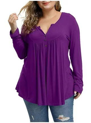 Photo 1 of AMZ PLUS Women's Plus Size Long Sleeve V Neck Tunic Tops Pleated Flowy Tee Shirt Causal Loose Blouse 3XL