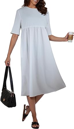 Photo 1 of BEIHONG Women's Casual House Dresses Knee Length Shift Tunic Dress with Pockets and Sleeves Empire Waist Tummy Control White 2XL