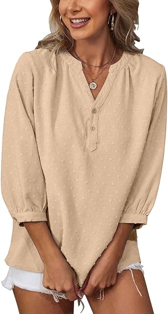 Photo 1 of Bigeoosh 3/4 Sleeve Tops for Women Summer Swiss Dot Blouses V Neck Tunic Shirts s