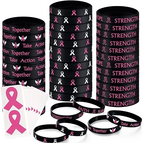 Photo 1 of 96 Pieces Breast Cancer Awareness Bracelets Pink Ribbon Breast Cancer Awareness Silicone Wristbands with 48 Pcs Breast Cancer Stickers Women Breast Cancer Awareness Gifts Party Favors, Print Style