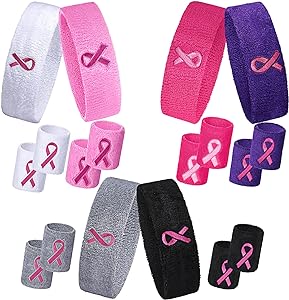 Photo 1 of 18 Pieces Breast Cancer Awareness Sweatbands for Women Girls, Includes 6 Pcs Breast Cancer Headband and 12 Pcs Pink Ribbon Wristbands Cotton Sweat Band for Tennis Basketball Outdoor Athletic 