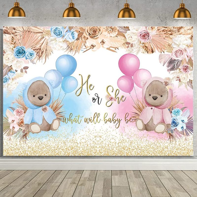 Photo 1 of AIBIIN Boho Bear Gender Reveal Backdrop Boho Baby Shower Gender Reveal Party Decorations Banner He or She What Will Baby Be Photo Background Pink and Blue Pampas Grass Gender Reveal Banner Vinyl 7x5ft 