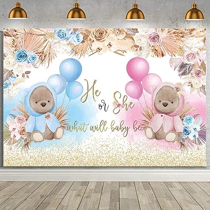 Photo 1 of AIBIIN Boho Bear Gender Reveal Backdrop Boho Baby Shower Gender Reveal Party Decorations Banner He or She What Will Baby Be Photo Background Pink and Blue Pampas Grass Gender Reveal Banner Vinyl 7x5ft 