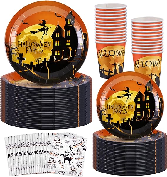 Photo 1 of 125 Piece Halloween Paper Plates and Cups and Napkins Party Supplies Bulk Halloween Dinnerware Sets (Serve 25), Halloween Themed Tableware Set Party Decorations 