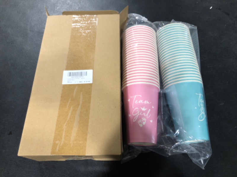 Photo 2 of 48 Pcs Gender Reveal Paper Cups 12 oz Team Boy Team Girl Gender Reveal Cups Disposable PP Baby Shower Cups Blue Pink Paper Cups Gender Reveal Party Supplies for Beverage Drink Tableware 