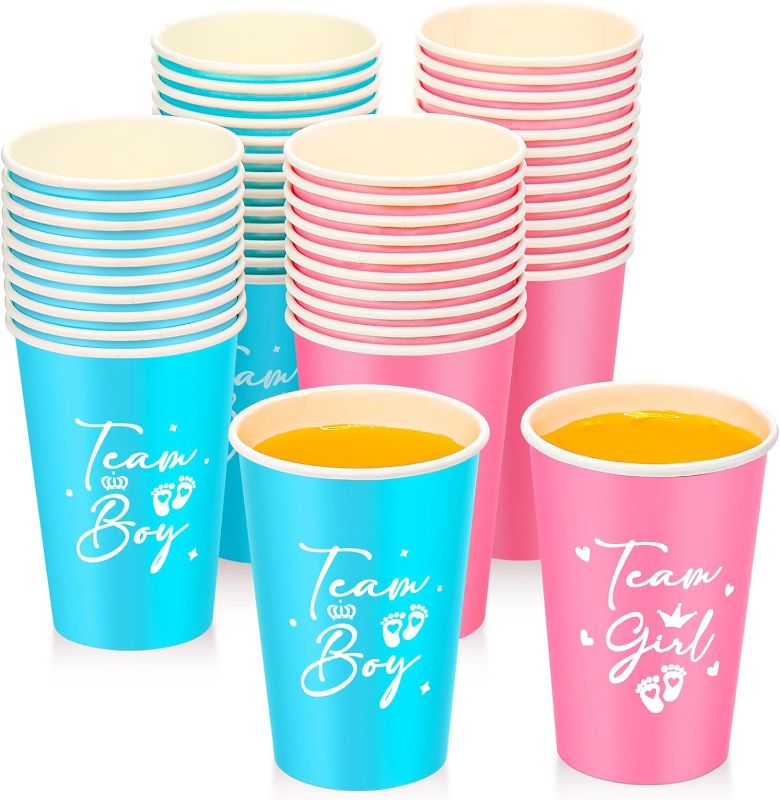 Photo 1 of 48 Pcs Gender Reveal Paper Cups 12 oz Team Boy Team Girl Gender Reveal Cups Disposable PP Baby Shower Cups Blue Pink Paper Cups Gender Reveal Party Supplies for Beverage Drink Tableware 