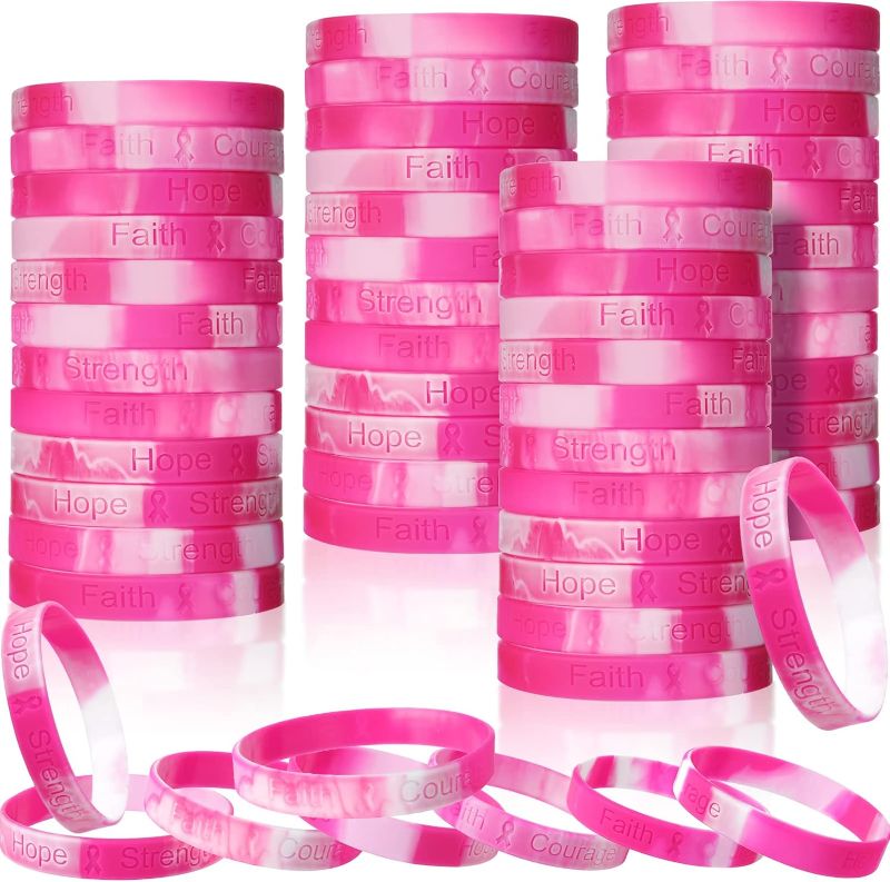 Photo 1 of 120 Pcs Breast Cancer Awareness Bracelets Pink Ribbon Camo Bracelets Silicone Breast Cancer Wristbands for Women Men Breast Cancer Support Party, Hope Strength Faith Courage 