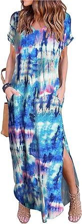 Photo 1 of Arolina Women's Summer Maxi Dress Short Sleeve V Neck Casual Loose Long Beach Split Dresses with Pockets   SIZE S 