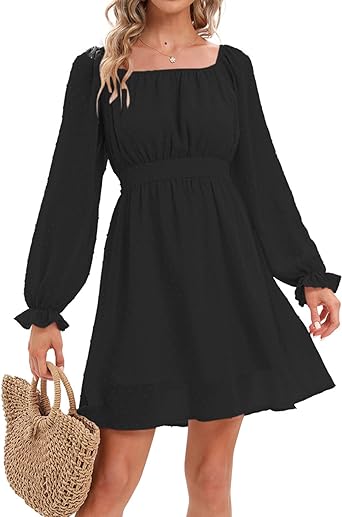 Photo 1 of ETOSELL Women Summer Dresses Long Lantern Sleeve Square Neck Ruffle Tunic Swiss Dot Aline Casual Short Swing Mini Dress SIZE XL