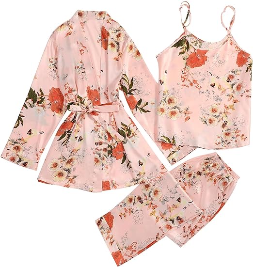 Photo 1 of ALRAYA 3 Pcs Printing Women Robe Sets Spaghetti Strap Cardigan Pant Set Sexy Fashion - LARGE 
