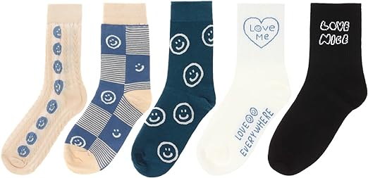 Photo 1 of AMYETAILEEN Smile Crew Women 5pairs Socks - Checkered Happy Neutral Girls Fun Warm Cozy cotton Casual Fuzzy Canvas 5-8 