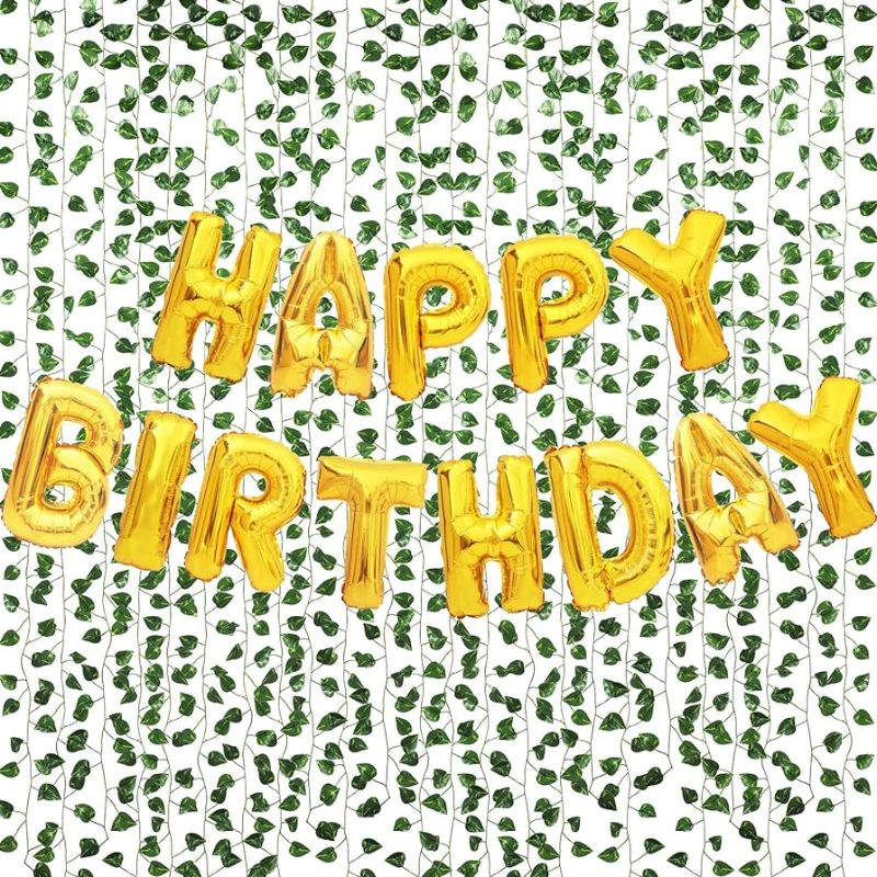 Photo 1 of 16 inch Happy Birthday Balloons, Birthday Banner, Birthday Decorations, and 12 Pieces Artificial Ivy Garland (Birthday)