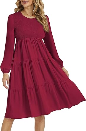 Photo 1 of Ailsi Womens Long Sleeve Casual Fall Smocked Flowy Crewneck Ruffle Midi Dress with Pockets Small Red Floral