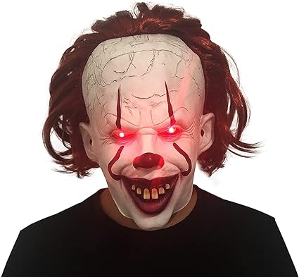 Photo 1 of Adult Teens Latex Clown Joker Mask Costume Mask with Wig and Eye Glowing, Halloween Scary Masks Cosplay Dress Up Party Props (Led Horror Smile) 