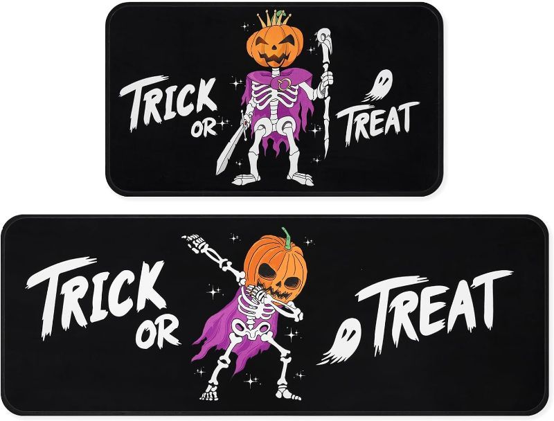 Photo 1 of Alishomtll Halloween Kitchen Decor Mats for Floor 2 Pieces, Washable Kitchen Rugs Non Slip for Halloween Decors, Pumpkin Skull Halloween Rug and Trick or Treat Door Mat,17''x29''+17''x47''
