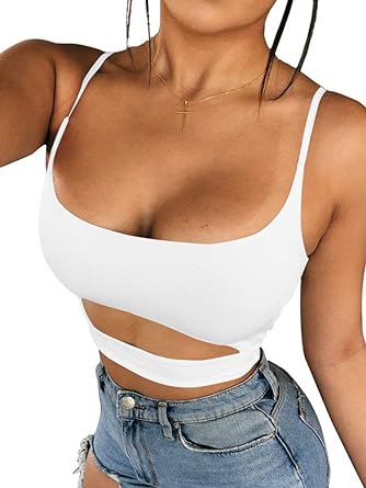 Photo 1 of BEAGIMEG Women's Sexy Basic Slim Fit Spaghetti Strap Cut Out Crop Tops Large