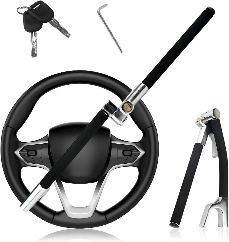 Photo 1 of Car Steering Wheel Lock, Foldable Universal Car Steering Wheel Lock, Anti-Theft Steering Wheel Lock, Heavy Duty Club Steering Wheel Lock for Car/Truck/SUV/Van with Escape Hammer & Keys 