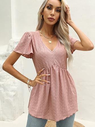 Photo 1 of AFVETUT Womens Summer Top Sexy V Neck Petal Short Sleeve Shirt Casual Flowy Solid Color Blouse Tees Tops XL Lavender