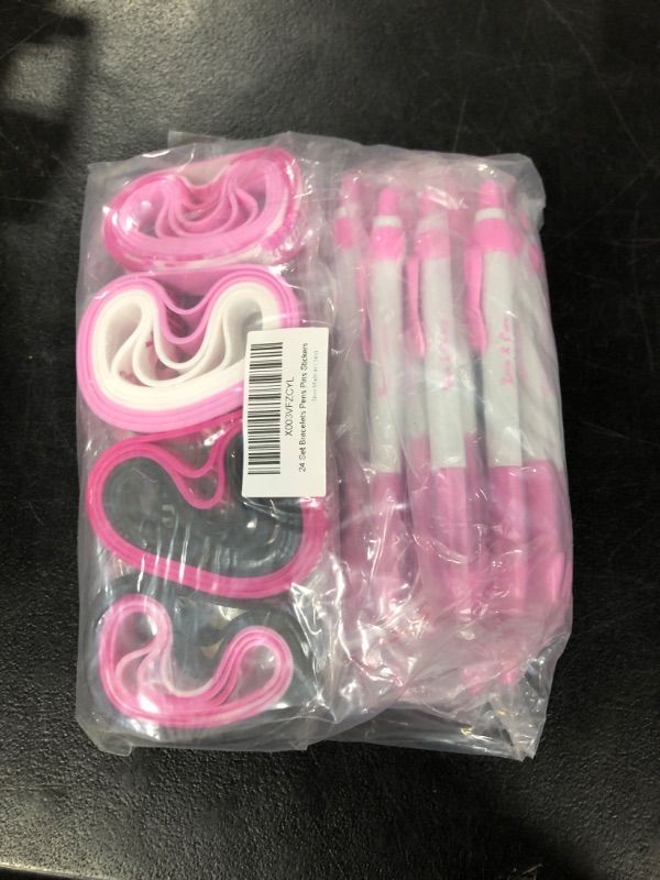 Photo 1 of 120 PCS Breast Cancer Awareness Accessories, 24 Set Breast Cancer Bracelets Ballpoint Pens Button Pins & Adhesive Stickers Bulk Items for Women Girls Breast Cancer Charity Event Party Survivor