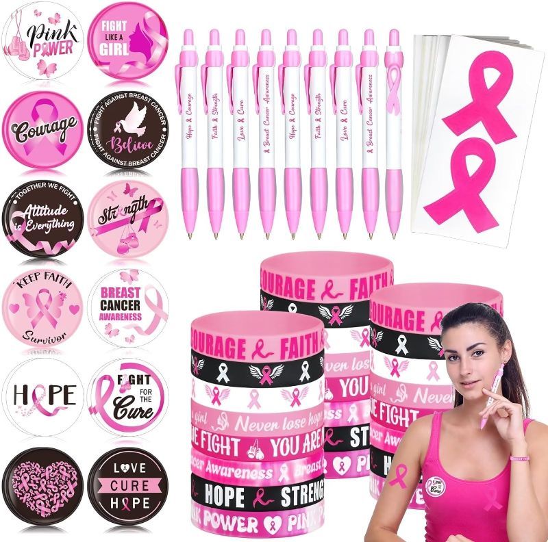 Photo 1 of 120 PCS Breast Cancer Awareness Accessories, 24 Set Breast Cancer Bracelets Ballpoint Pens Button Pins & Adhesive Stickers Bulk Items for Women Girls Breast Cancer Charity Event Party Survivor
