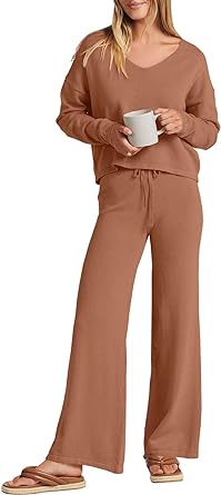 Photo 1 of ANRABESS Women’s Two Piece Outfits Long Sleeve V Neck Crop Top with High Waist Wide Leg Pants Sweater Sets Lounge Wear PINK SIZE X LARGE
