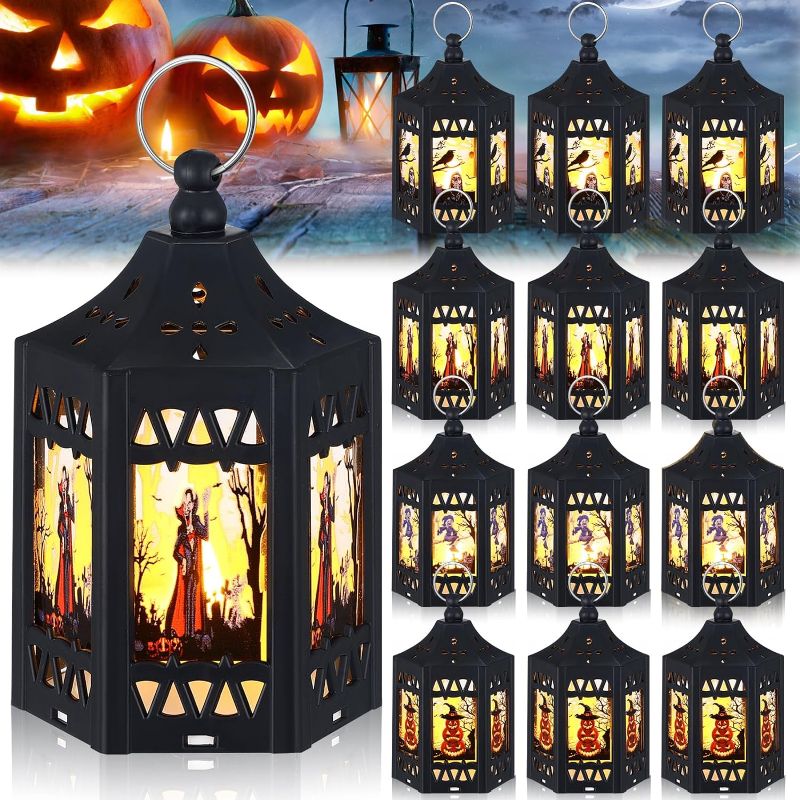 Photo 1 of 12 Pcs Halloween Lantern with Flickering LED Candle Decorative Pumpkin Witch Bird Lanterns Vintage Mini Candle Lanterns Hanging Spooky Halloween Lanterns for Halloween Decorations Table Centerpiece
