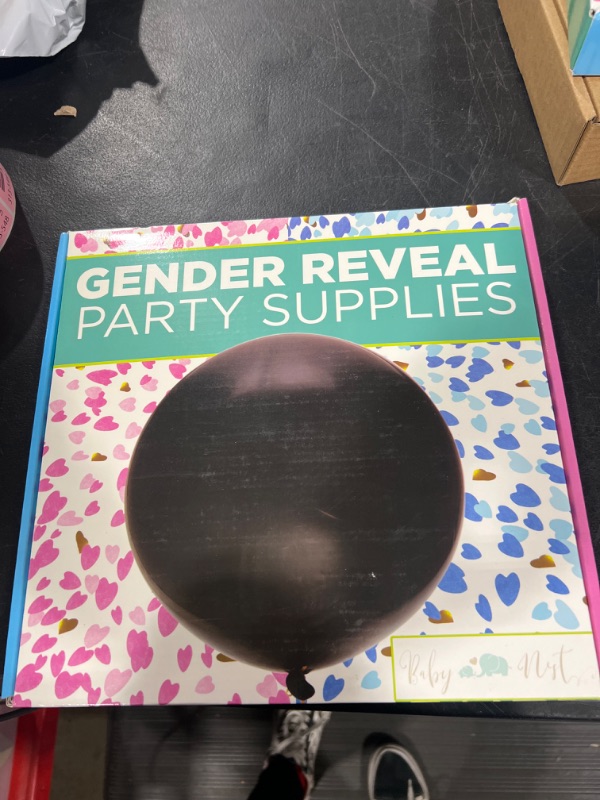 Photo 1 of Baby Nest Designs Gender Reveal Party Supplies (116 Pieces) With The Original Gender Reveal Balloon! Boy or Girl Banner, Foil Balloons, Tinsel Curtain, Photo Props, Cupcake Topper, Mom to be and More!