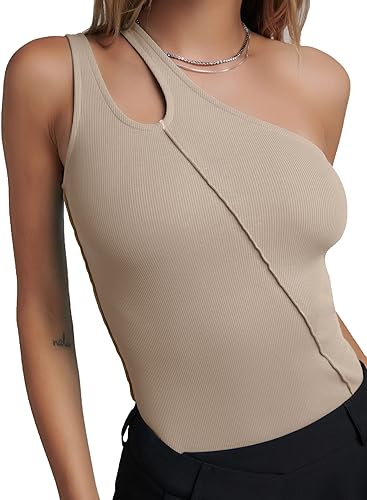 Photo 1 of Ababalaya One Shoulder Bodysuit for Women 2023 Trendy Irregular Patchwork Cut Out Ribbed Bodysuits Sexy One-piece Tank Tops SIZE LARGE