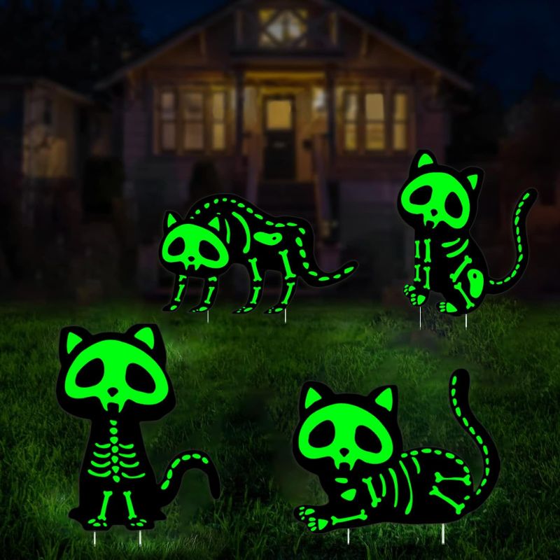 Photo 1 of (2 packs of 4) Pcs Halloween Decorations Outdoor Yard Signs with Stakes,Reflective Black Cat Silhouette Glow in the Dark, Scary Family Home Front Halloween Decor