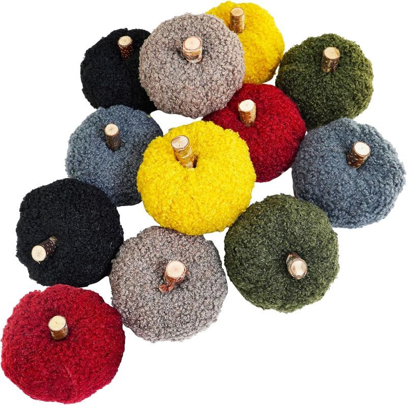 Photo 1 of  Winlyn 12 Pcs Assorted Small Faux Sherpa Pumpkins Decorative Burgundy Yellow Olive Gray Taupe Black Fabric Pumpkins Foam Pumpkins for Farmhouse Fall Thanksgiving Halloween Table Centerpiece Decor
 