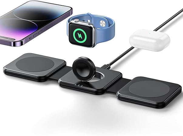 Photo 1 of Intoval Foldable Wireless Charger, Magnetic 3 in 1 Charging Station, Fast Wireless Charging for Travel, for iPhone 15/Pro/Max/14/Pro/Max/Plus, Apple Watches, AirPods 3/Pro 2(M3,Black) 