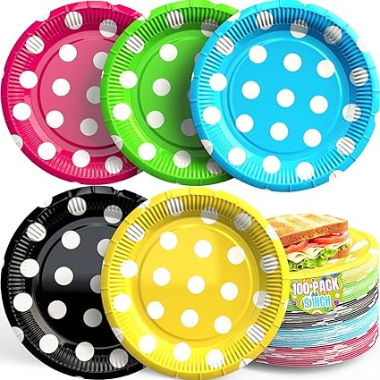 Photo 1 of 100PCS Disposable Paper Plates 9 inch Paper Plates, Colored Polka Dot Paper Plates, Disposable Plates for Wedding Birthdays Picnic, Reusable Dinner Plates, Bulk Plates for Dessert Cake Appetizer Salad 