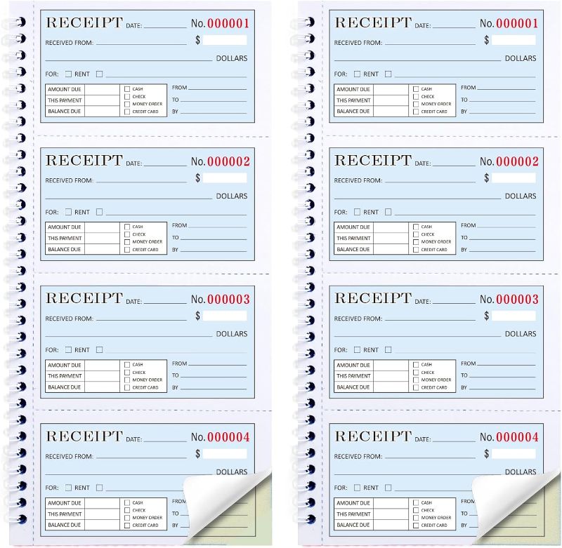 Photo 1 of 2 Packs Receipt Book with Carbon Copies,Money and Rent Receipt Book,2-Part Carbonless,5.31" x 11.22",Spiral Bound,Yellow and Blue Copy,200 Sets per Book
