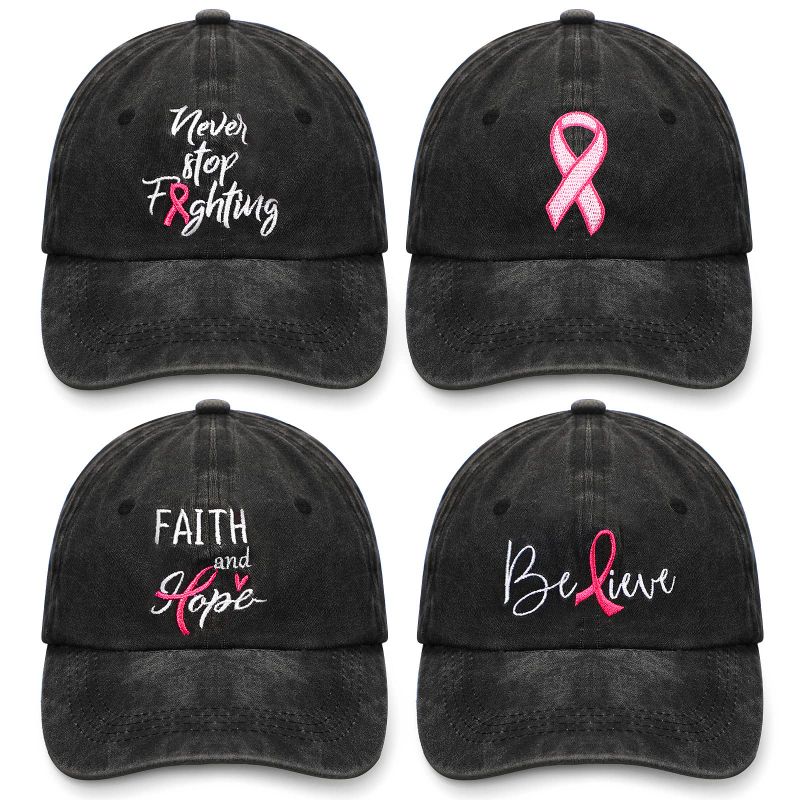 Photo 1 of 4 Pack Breast Cancer Awareness Hat for Women Baseball Caps with Pink Ribbon Logo Embroidered Cotton Adjustable Inspirational Faith and Hope Believe Sign for Women Breast Cancer Patient Gifts