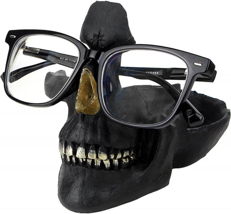 Photo 1 of 2 Pcs Skull Glasses Stand Holder Creative Eyeglasses Holder Resin Statue Ornament, Sunglasses Spectacle Display Rack Key Holder Skull Sculptures for Home Living Room Desk Halloween Decoration (black) 