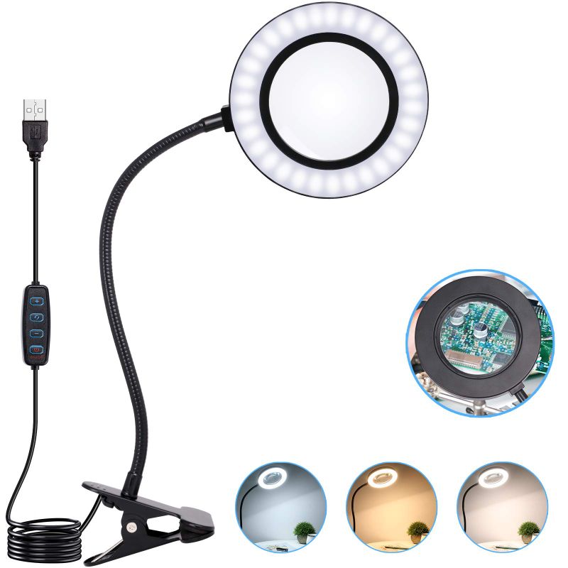 Photo 1 of 10X Magnifying Glass Lamp with Light Magnifier Light with Clip, Adjustable Flexible Gooseneck, 3 Color Modes Magnifying Lamp with USB Powered, Perfect for Daily Hobbies Repairing, Reading, Crafts