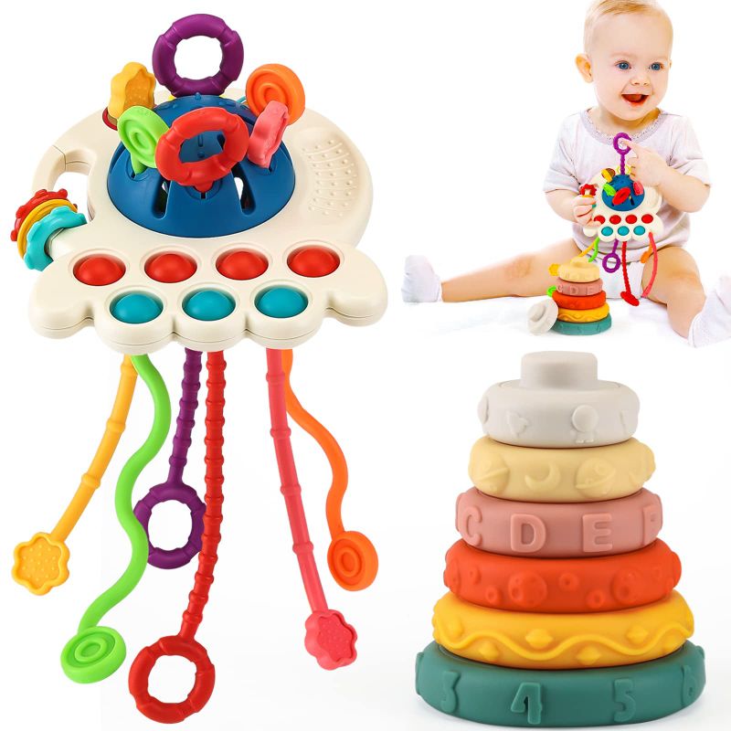 Photo 1 of Baby toys for 6 to 12 Months Sensory Montessori Toys for 1 Year Old, Pull String & Stacking Toys for Early Development, Teething Travel Toys for Car Seat, Gifts for Infant 8 9 12 18 Months Toddler 1 2