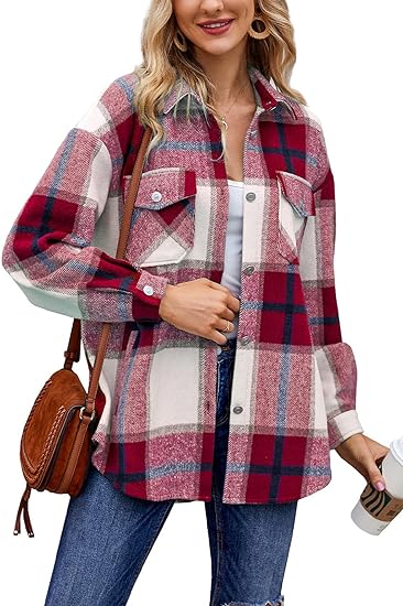 Photo 1 of Caitefaso Womens Plaid Wool Jacket Button Down Long Sleeve High Low Fall Shirts Shacket Coat With Pockets Size unknown 