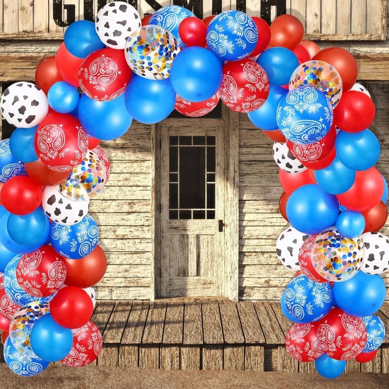 Photo 1 of 130 Pieces Western Cow Boy Balloon Arch Garland Blue Red Cowboy Bandana Latex Balloons Western Theme Supplies for Party Boys and Girls Baby Shower Cowboy Birthday Party Decorations 