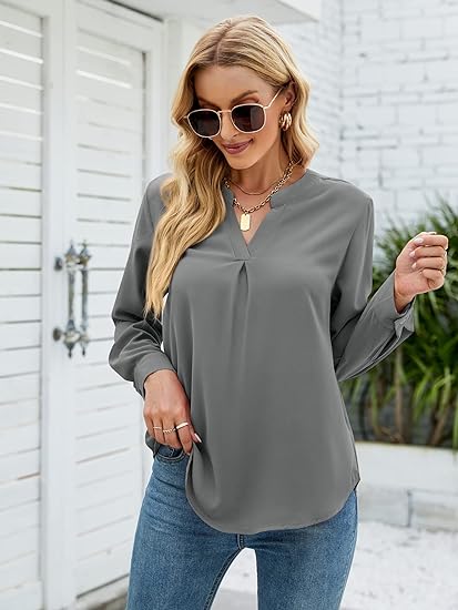 Photo 1 of Besiboo Womens Shirts Blouse Dressy Casual Business V Neck Chiffon Work Blouses Loose Fit Tunic Tops Winter Clothes 2022 Size L 