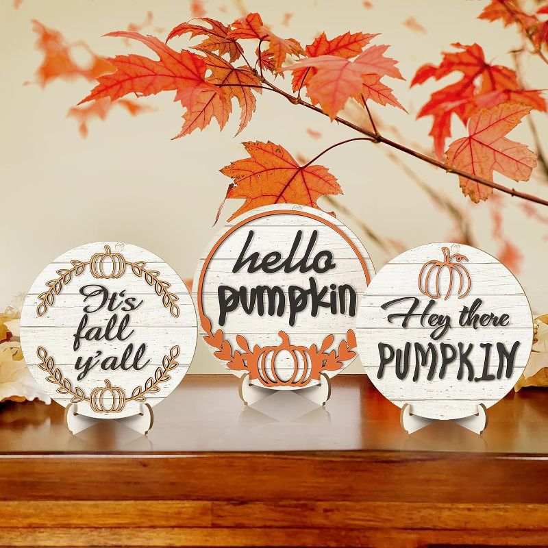 Photo 1 of 3 Pieces Fall Wooden Signs Fall Harvest Tabletop Signs Thanksgiving Pumpkin Tiered Tray Decor Rustic Farmhouse Decor Decorative Trays Signs for Home Kitchen Decorations (Pumpkin) 