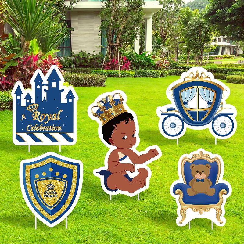 Photo 1 of 5Pcs Royal Prince Yard Signs with Stakes African American Cutie Prince Charming Celebration Bear Carriage Castle Large Lawn Sign Birthday Baby Shower Gender Reveal Party Decor for Outdoor Garden 