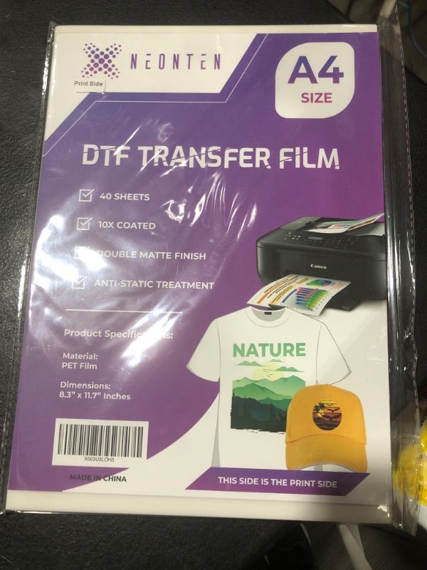 Photo 2 of NeonTen A4 DTF Transfer Film - 40 Sheets - 8.3 x 11.7 Inches - Direct to Film Paper with Double Matte Finish and Anti-Static Treatment - 10X Coated DTF Transfer Paper for T Shirts, Hoodies, Jackets