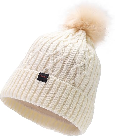 Photo 1 of DASMINI Winter Hats for Women Knit Beanie Stocking Caps with Warm Fleece Lining Removable Faux Fur pom 