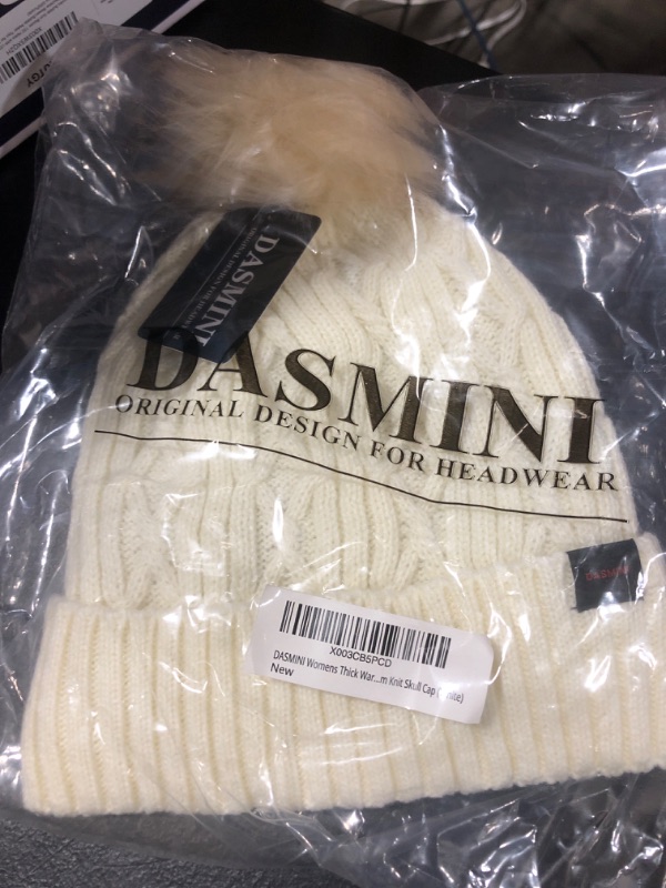 Photo 2 of DASMINI Winter Hats for Women Knit Beanie Stocking Caps with Warm Fleece Lining Removable Faux Fur pom 