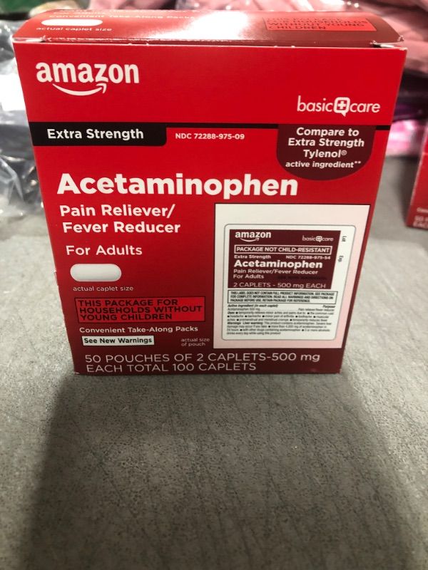 Photo 1 of Amazon Basic Care Extra Strength Acetaminophen Caplets 500 mg, Pain Reliever and Fever Reducer, 50 Pouches of 2 Caplets Each, Total 100 2 Count (Pack of 50) Extra Strength